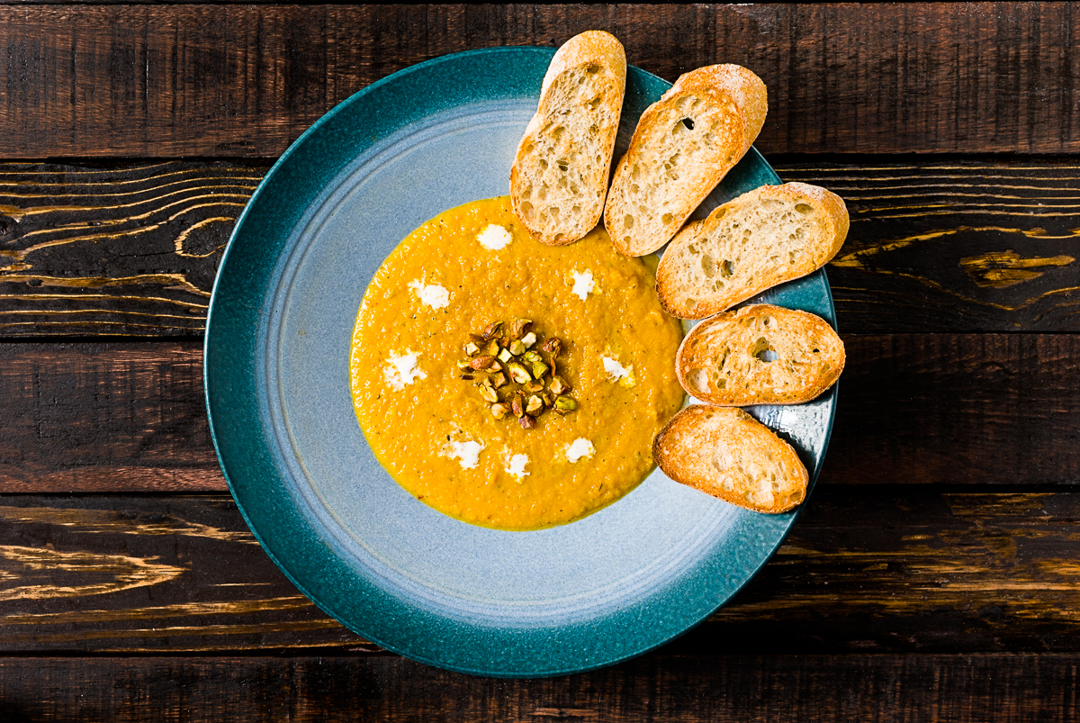 Butternut Squash Soup with Roasted Chili Oil And Sweet Chili Pistachios