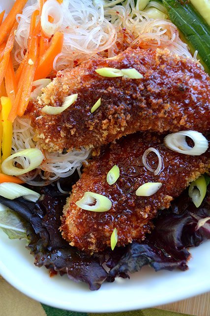 crunchy sweet and spicy chicken tenders with noodle salad